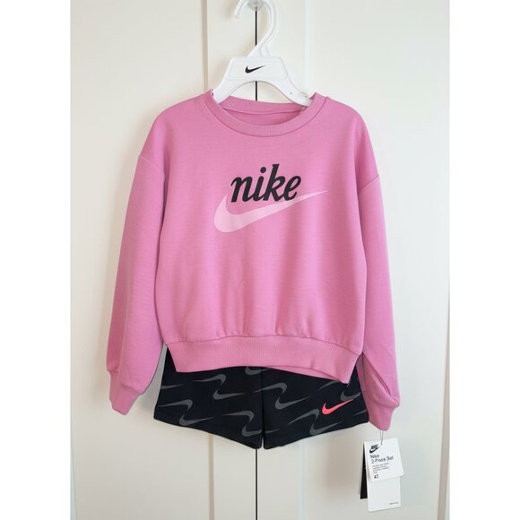 Nike Girls 2-Piece Outfit Pink Crewneck Sweatshirt & Black Skirt Set - Picture 1 of 5